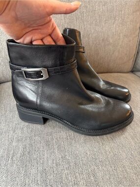 Clarks Black Leather Ankle Booties with Buckle Detail